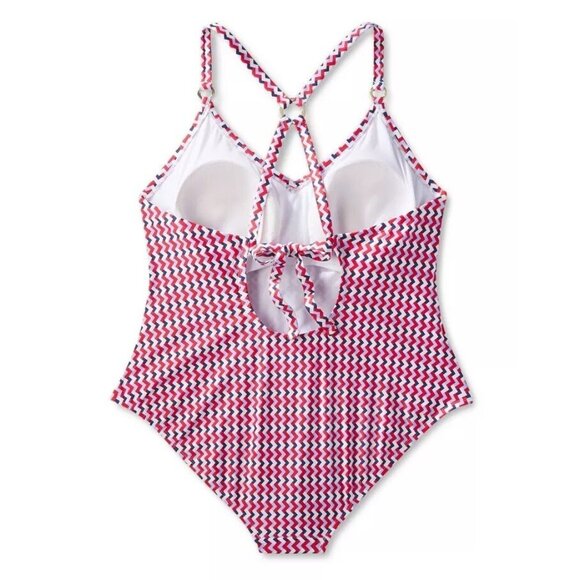 Kona Sol Red & Blue Geo Print w/ Ring Strap Detail 1 Pc Swimsuit - Picture 5 of 8